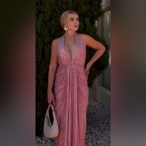 Pink Sequin Ruched Halter Gown - Picture 1 of 10